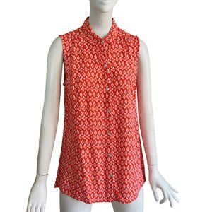 J JILL Casual Resort Ikat Print Tangerine Rayon Tunic Button Down Front Top Sz S